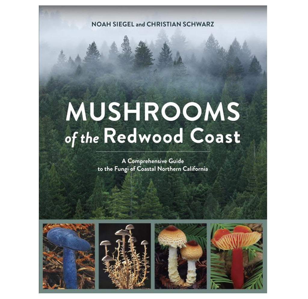 A large paperback book is split into one large image of Redwood trees on a foggy day and four smaller images below of different mushrooms. 