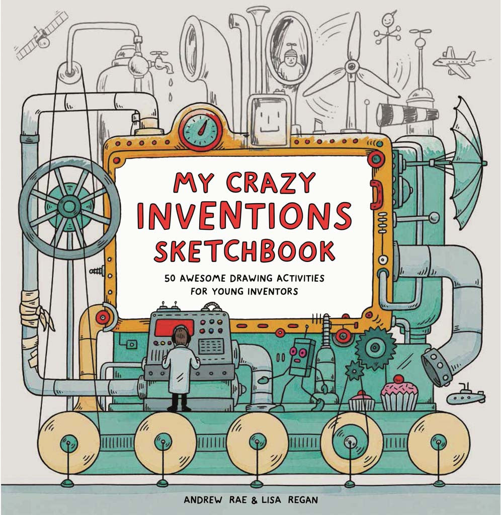 A crazy green and yellow machine with levers, smoke, wind turbines, umbrellas, tubes, etc., with a little figure in the front running the engine; My Crazy Inventions Sketchbook is written in the marquee.