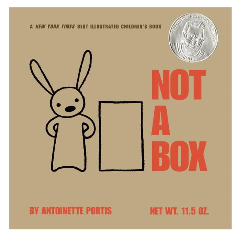 A book with a paper bag beige color with a line drawing of a rabbit next to a box. The words "Not A Box" are in red.