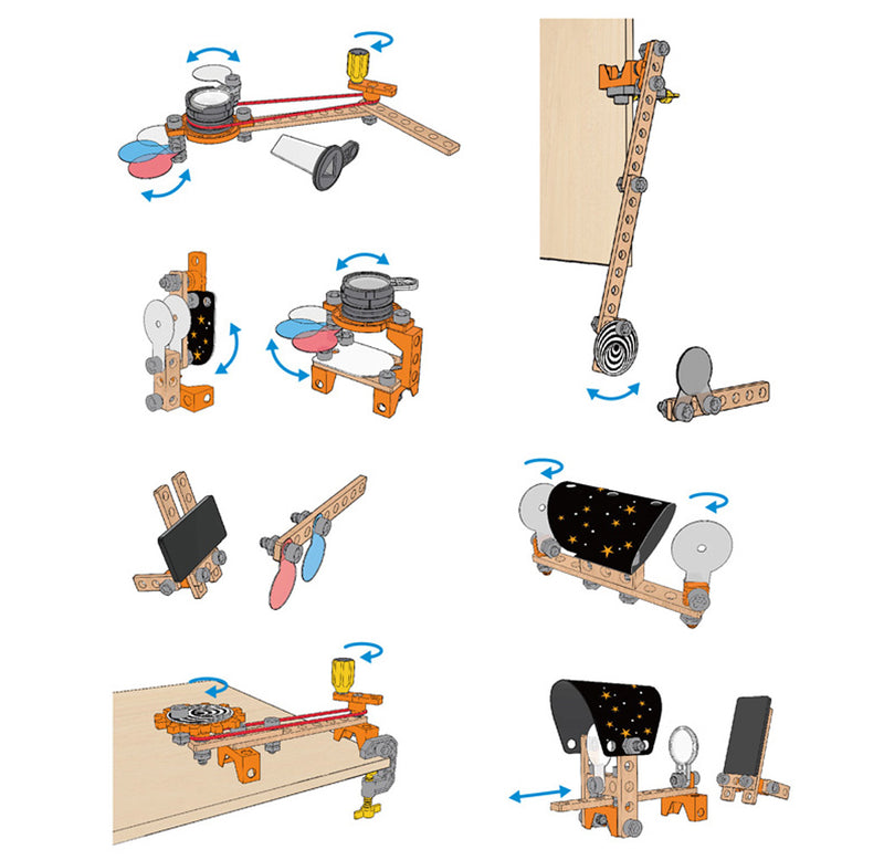 Illustration of all eight experiments created with this kit, including a periscope and a 3D viewer.