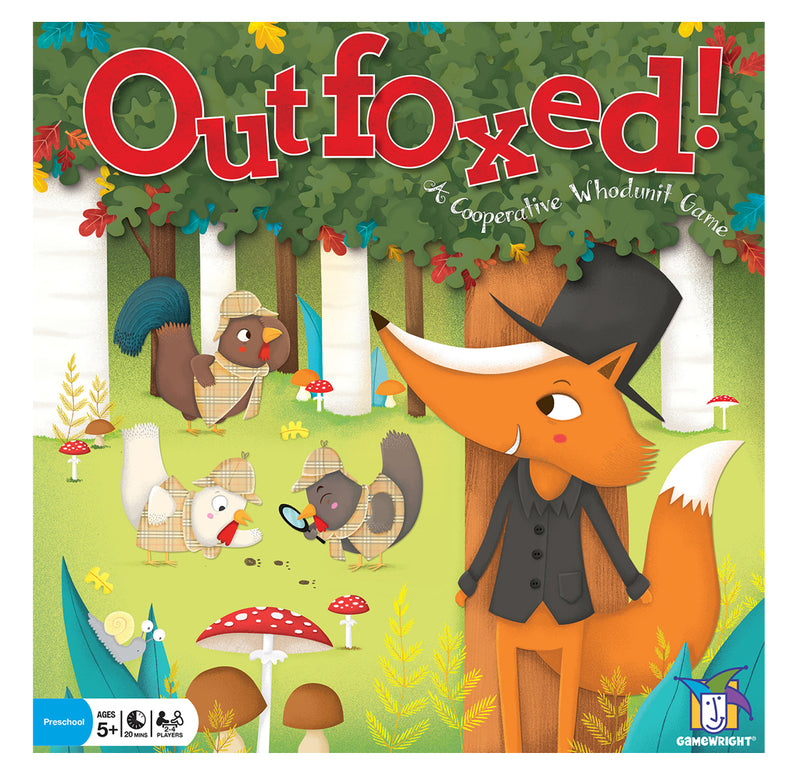 The game's cover illustrates a forest with a  fox in the foreground hiding behind a tree from the birds in their Sherlock Holmes outfits, looking for clues.