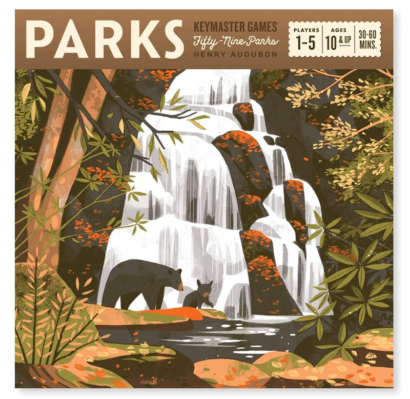 An 2.76 x 8.46 x 8.46 inches box. An illustrated image of a grizzly bear and club are standing by a pool in front of a waterfall surrounded by trees and plants. The name of the game Parks is in white front on the right upper corner.