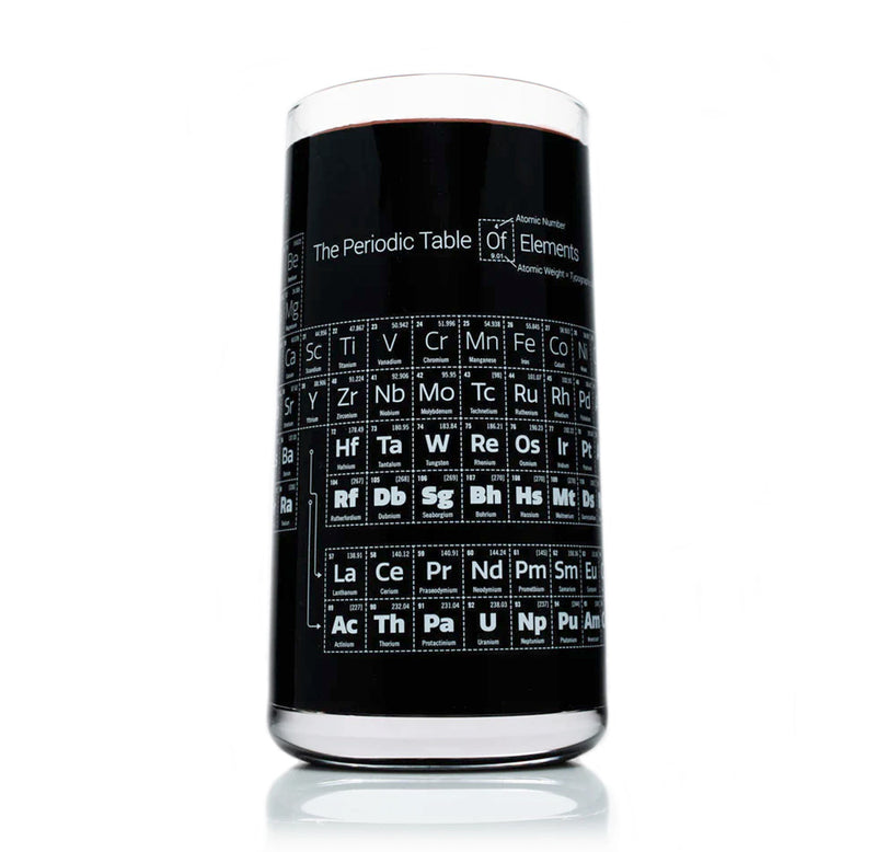 This 18oz drinking glass stands 6" tall, featuring a gray periodic table design wrapping around its surface.