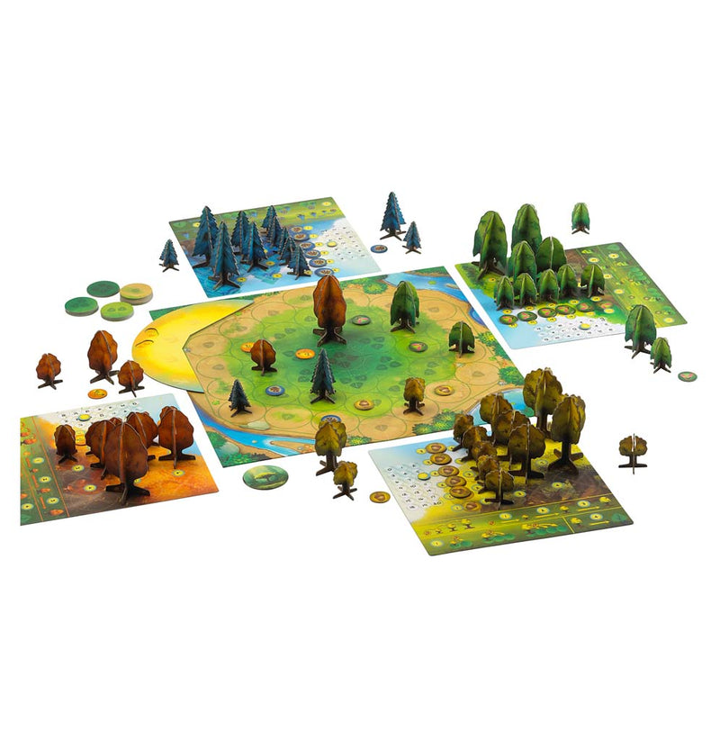 The board is set up for gameplay; there is one green and yellow game board in the middle with four smaller game boards set up around it in blue, yellow, orange, and green, with corresponding trees on the boards.