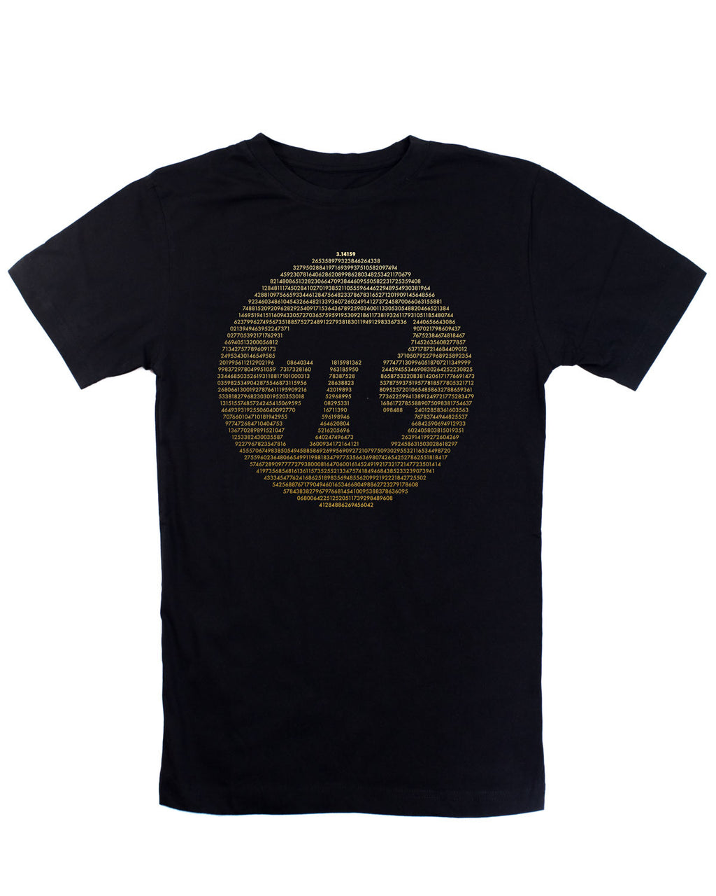 This is an image of a black t-shirt with 1,878 digits of Pi in gold surrounding a Pi symbol.