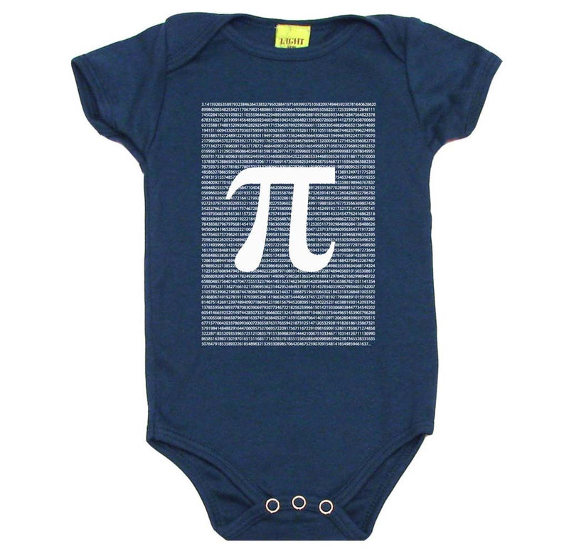 A navy onesie. It has 8" x 6" square digits of Pi with a Pi symbol printed in white in the middle of the onesie. 