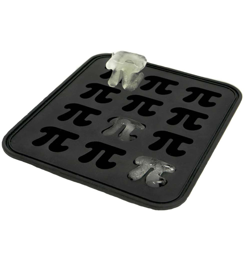  A black silicone ice cube tray that freezes ice into the shape of the Pi symbol. There are three ice cubes in the form of Pi along a diagonal from upper left to bottom right. 