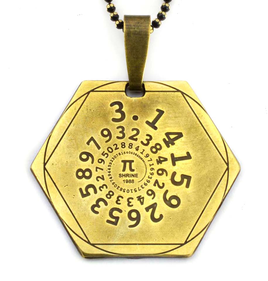 Golden Hexagon pendant with the numbers of pi in a spiral. The symbol for pi is engraved in the center, as well as the word "shrine."