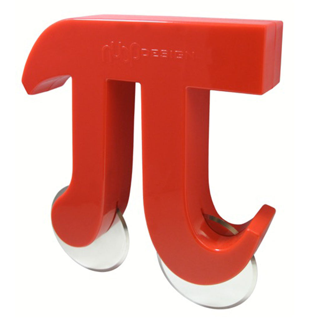 There is a large red Pi symbol with two stainless steel double wheel blades on the bottom.