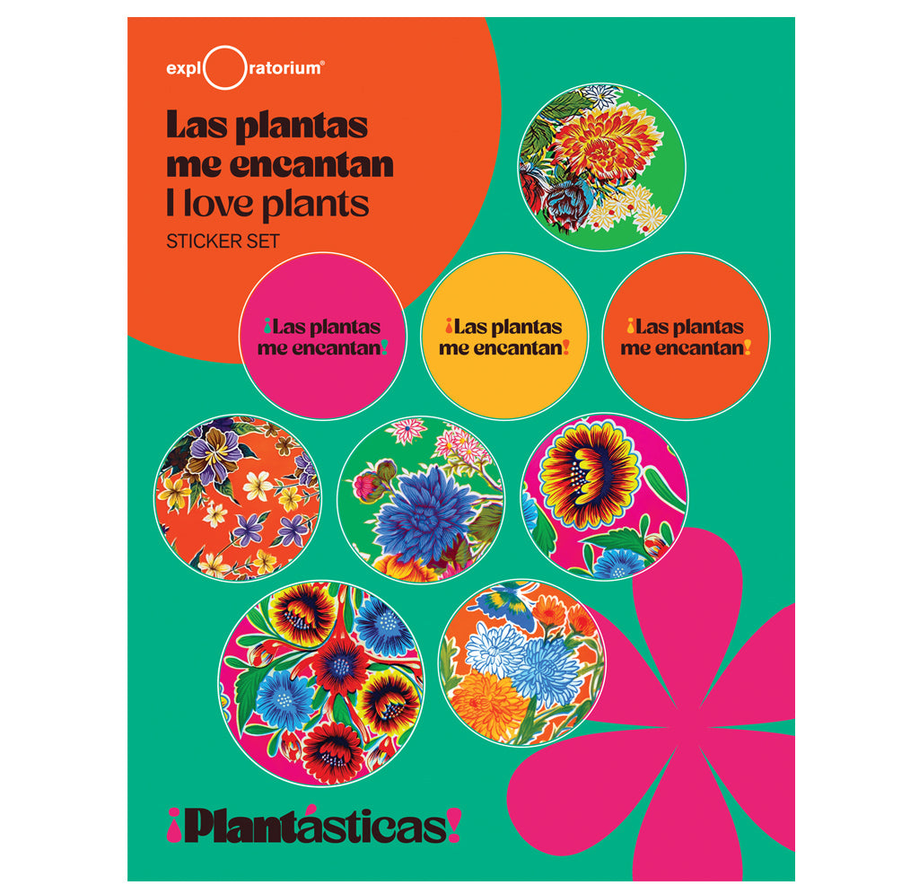 An 8x10 sticker sheet with six round Mexican oil cloth stickers and  three round stickers of varying colors stating Las plantas me encantan or I love plants in Spanish.