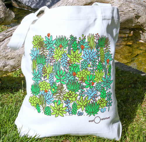 A white tote measuring 16 1/2' x 16 1/2' with various kinds of succulents in varying shades of green pops of red from their blooms sits in a garden setting.