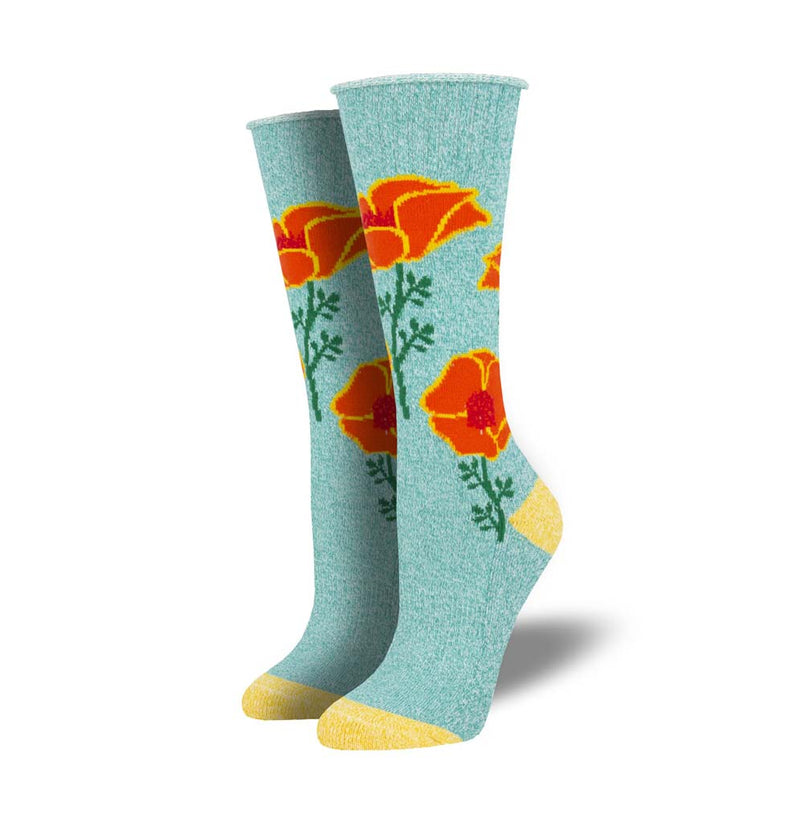 Turquoise socks with orange California poppies on them. Beige heel and toe.