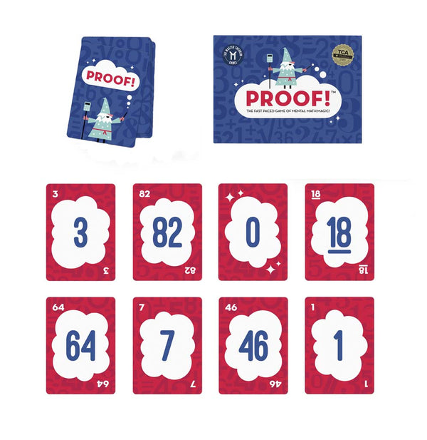 The game is set up for play: two sets of four cards with numbers in purple on them, a stack of cards, and the game box sitting behind them.