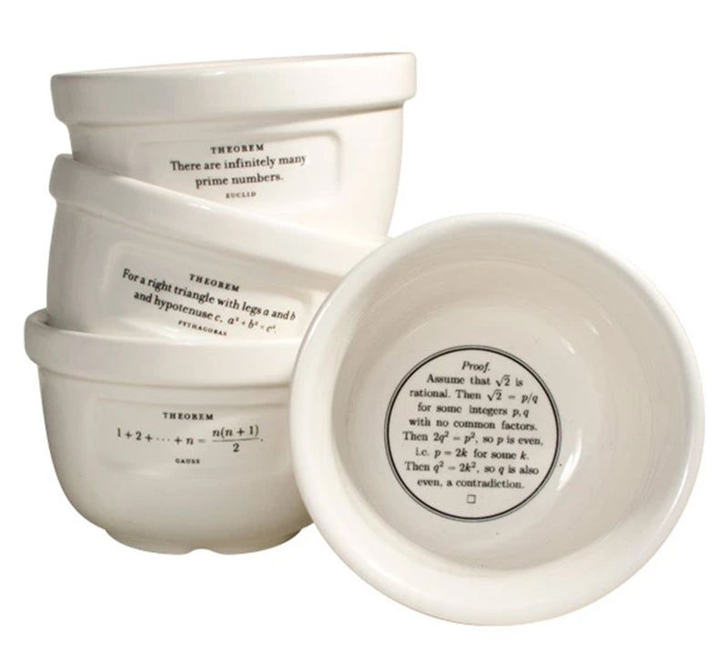 A set of four white ceramic pudding bowls with the proofs of classic theorems of Euclid, Hippasus, Pythagoras, and Gauss. Each bowl is 8 oz., 4” diameter, 2” tall