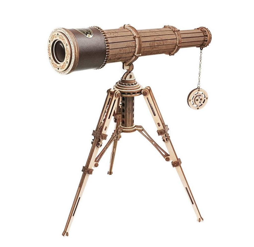 The brown telescope is displayed on its tripod.
