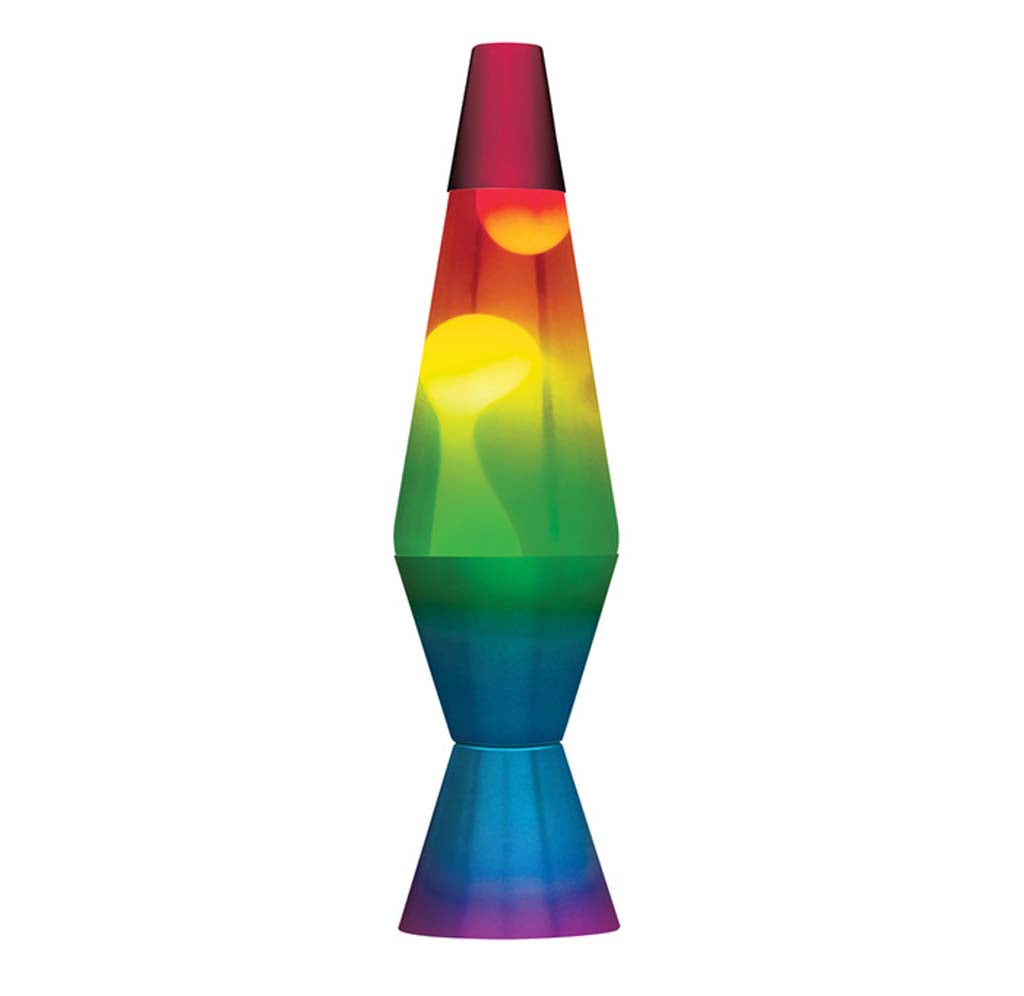 A lava lamp with rainbow colors painted on the outside goes from purple at the bottom to red at the top. The white lava changes colors as it moves through the green, yellow, and red on the glass surface.