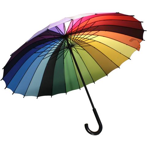 Underneath view of an umbrella in all the colors of a color wheel.