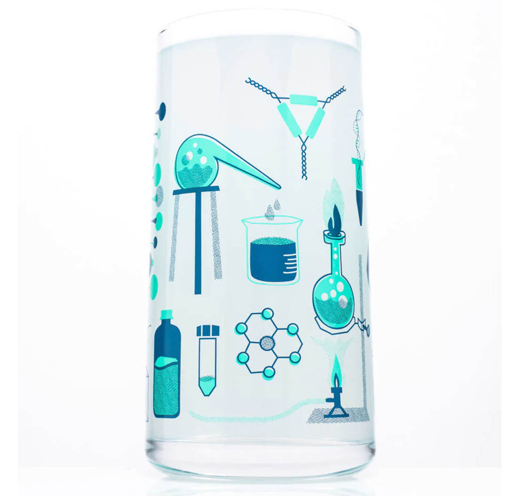 A clear glass drinking with blue and turquoise retro-style science labs equipment, such as a beaker, Bunsen burner, and test tubes.