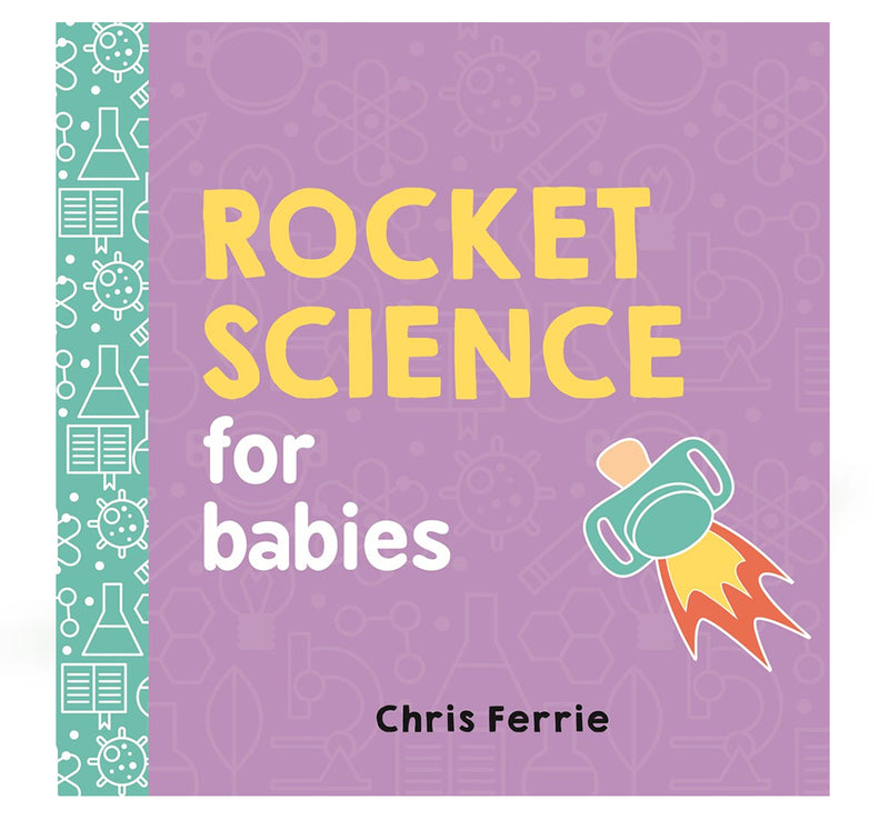 The board book is purple with yellow and white text; a pacifier with blasting fire similar to a rocket ship taking off implying 
