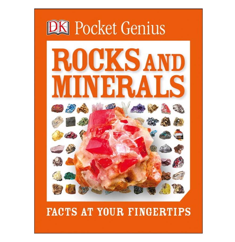 "Rock and Minerals" is a pocket-sized paperback book with an orange cover there are multiple rocks in rows set behind a centerpiece featuring multiple ruby pieces embedded on the surface.