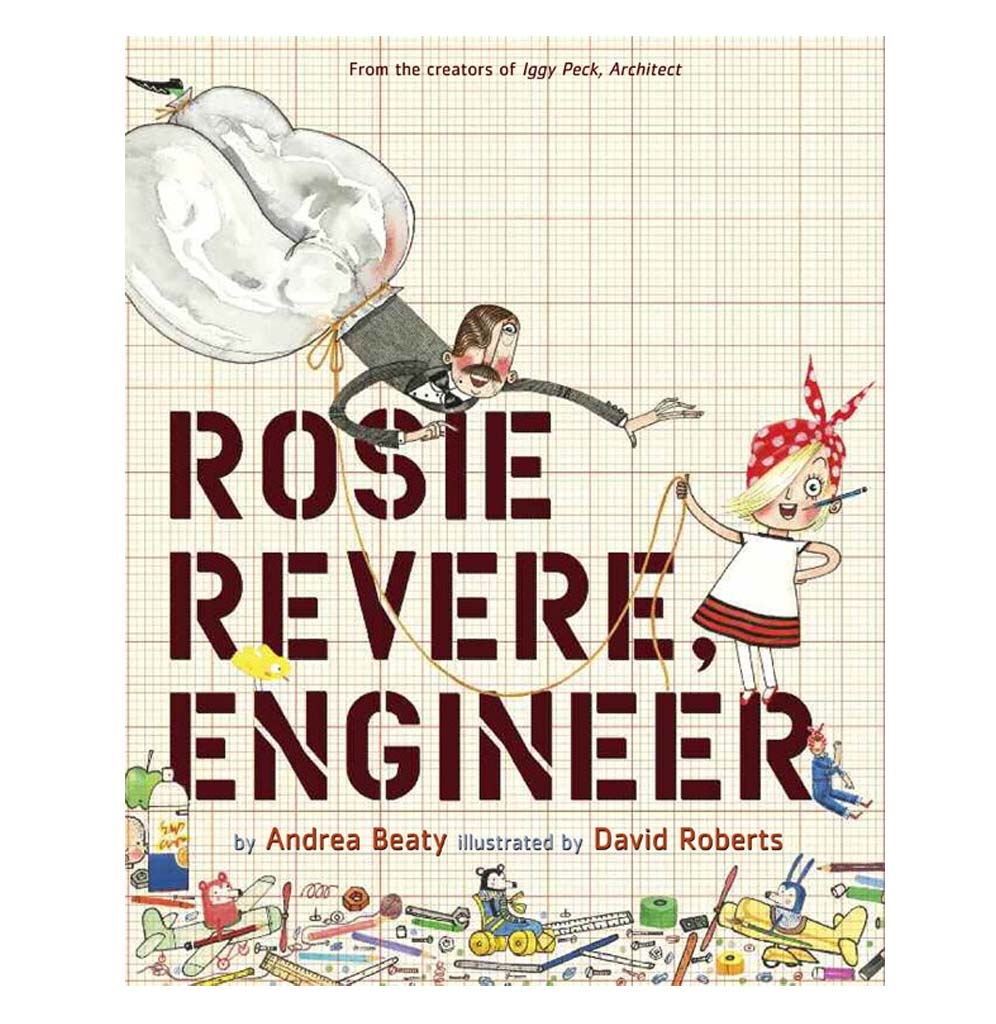 The large-format hardcover book has a graph background with a young girl in a similar headscarf as Rosie the Riveter, a man flying in parachute pants, and tools and building materials underneath them.