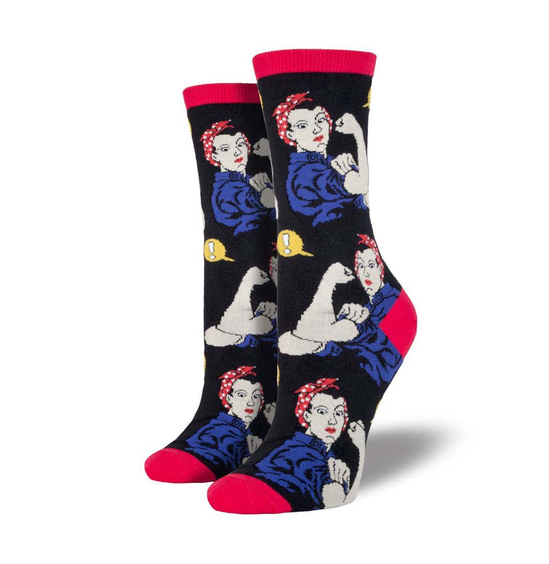 The background on the socks is black, there are several images that mirror each other of Rosie the Riveter in her famous muscle pose. The cuff, heel, and toe are red.