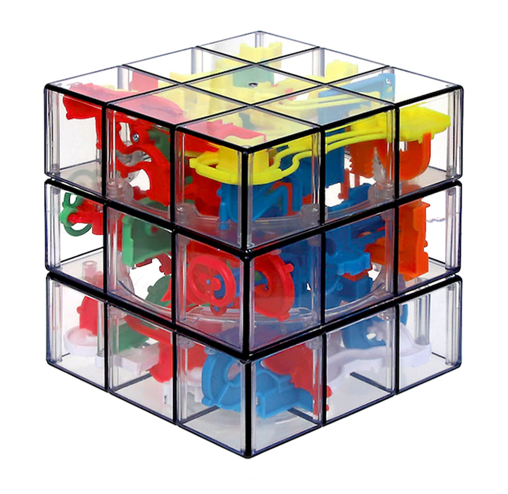 A puzzle of different colored tracks is encased in a clear plexiglass cube that twists in three separate layers, just like a Rubik's classic cube. 