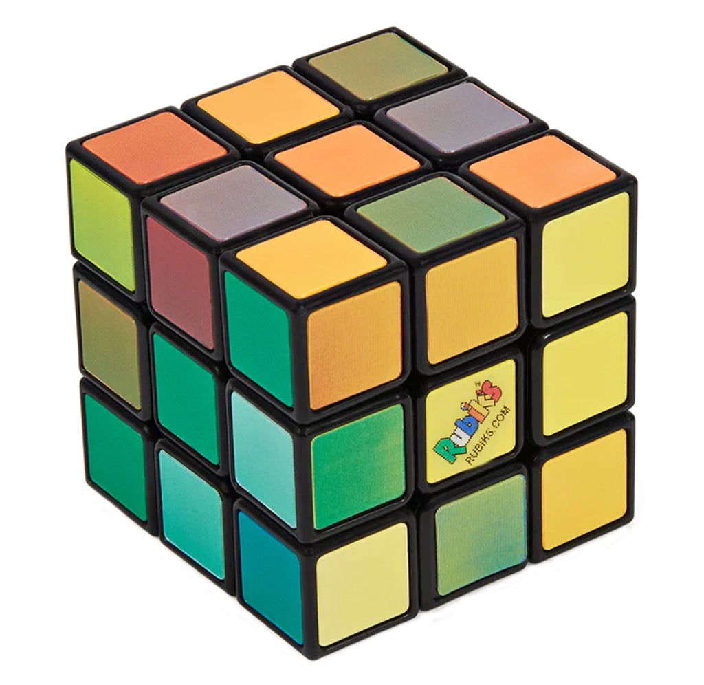 The Rubik's Impossible Puzzles iridescent tiles change color when viewed from different angles. 