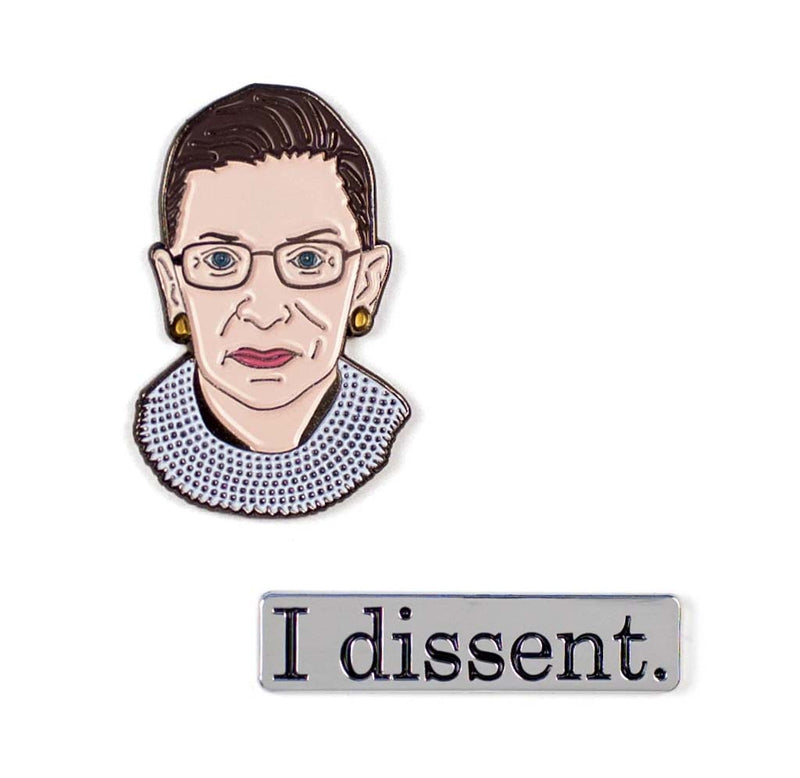 Set of two enamel pins. Ruth Bader Ginsberg's face with white collar. Silver rectangular pin with the words "I dissent" in black.