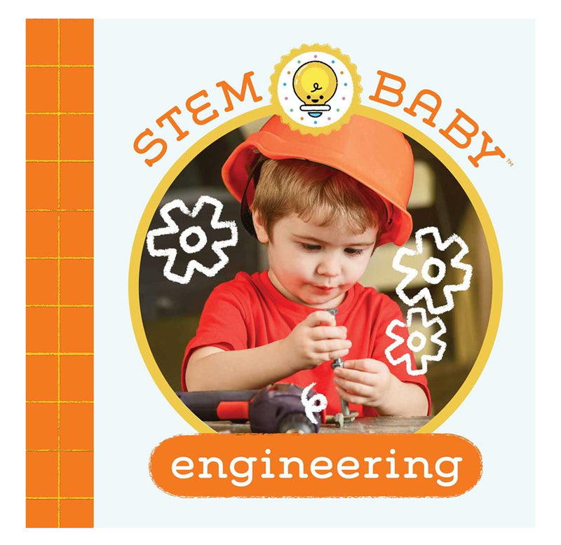 STEM Baby Engineering: A toddler sits at a table with tools in their hands, tinkering. Cartoon gears emphasize the engineer.