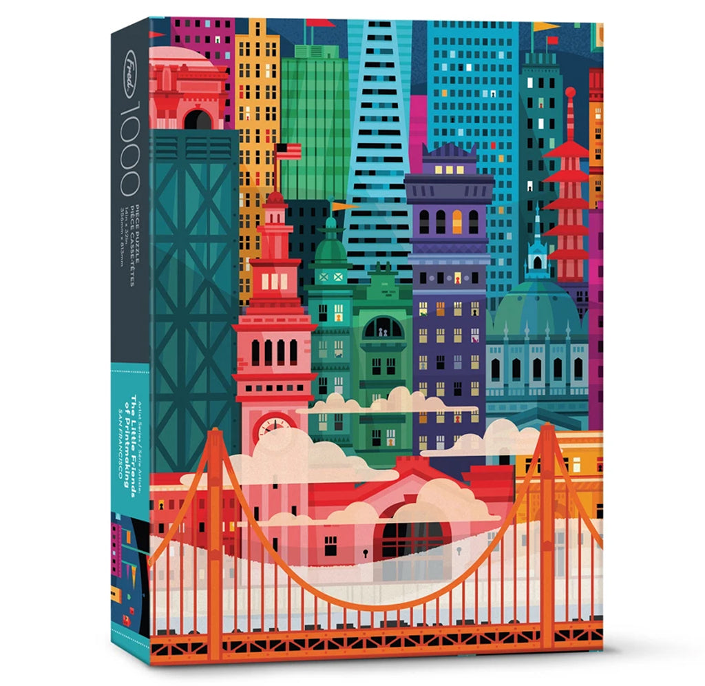  A multi-colored illustration of the Golden Gate Bridge with iconic San Francisco buildings behind it, including the Ferry Building, Palace of Fine Arts, Transamerica Pyramid, and San Francisco City Hall. 