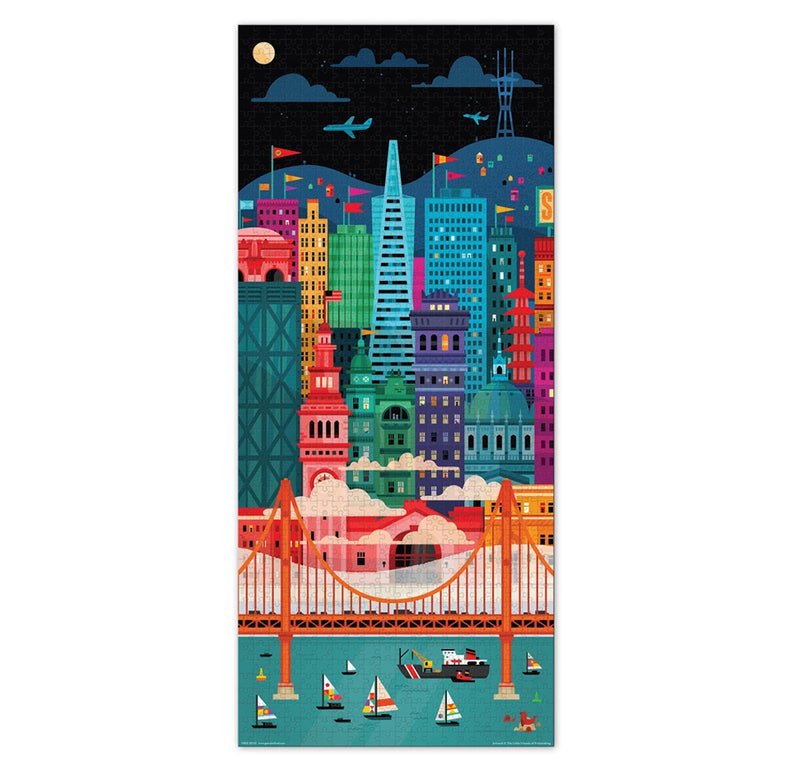 The full-length puzzle includes the Golden Gate Bridge with iconic San Francisco buildings behind it, including the Ferry Building, Palace of Fine Arts, bay, and Twin Peaks.