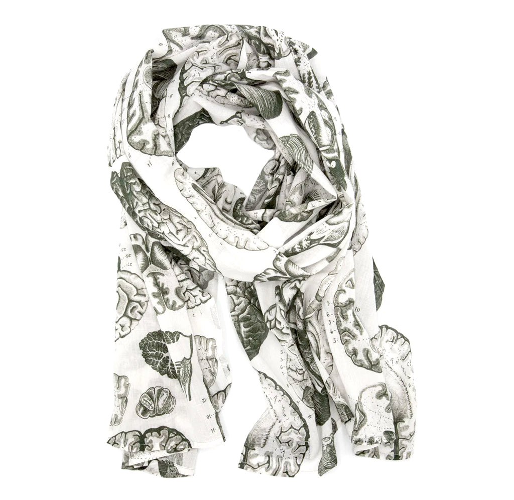 A white scarf with different images of brain scans in black.