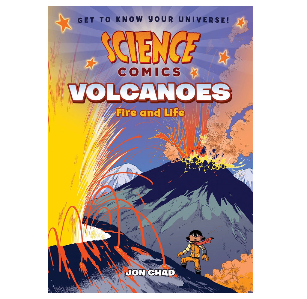 The paperback comic illustrates two active volcanoes at full thrust: a young explorer sits at the base. The sky is muted purple with yellow and orange fire and smoke spewing out the tops of the blue volcanoes.