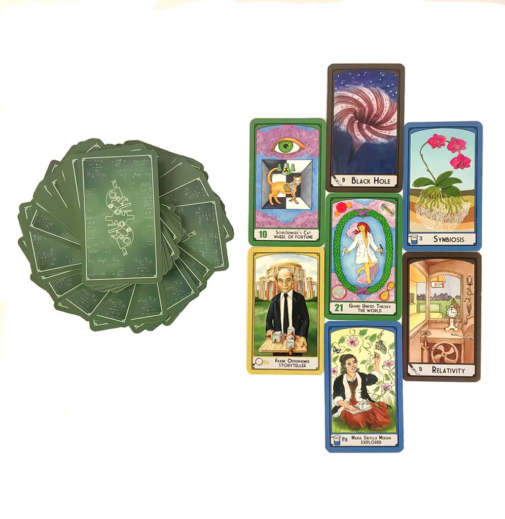 Seven cards sit in three rows with illustrated images on them such as Frank Oppenheimer, Black holes, Schrödinger's Cat, and symbiosis. There is a stack of green cards sitting to the side with microscopes in white.
