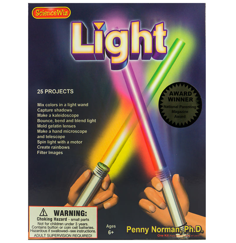 A dark blue box with a pink and blue lightsaber crossing a yellow and green lightsaber demonstrates the light frequencies.