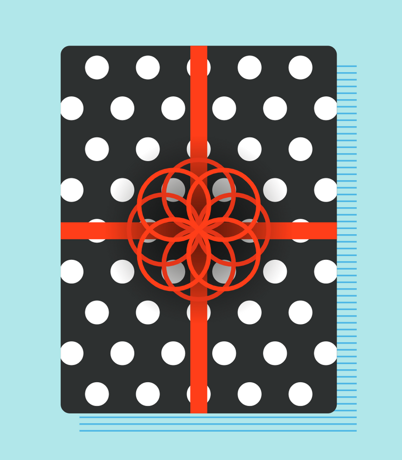 The gift wrap is black with white polka dots with red ribbon and bow.