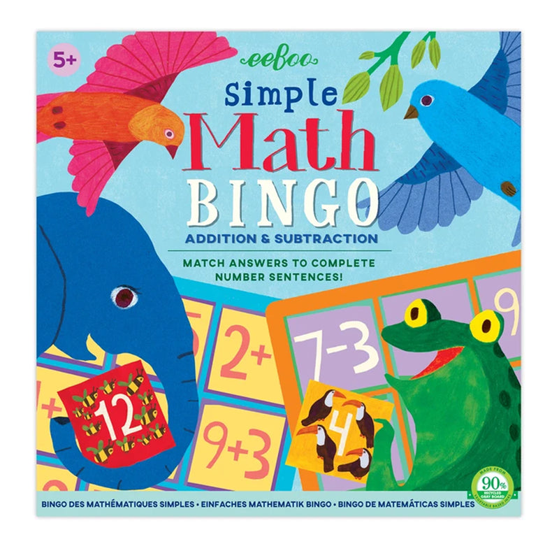 A light blue box with two colorful birds at the top watching a blue elephant, and a green frog play math bingo.