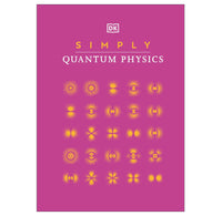 "Simply Quantum Physics" is a hardback book with a magenta cover with orange and white writing and orange quantum physics graphic symbols complete the surface in rows five by five.