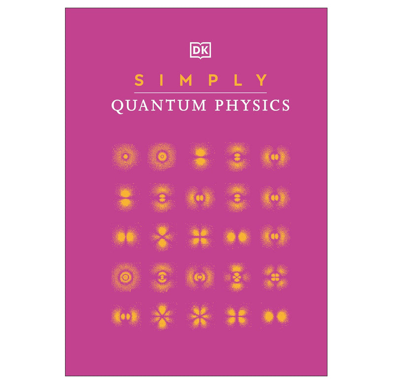 "Simply Quantum Physics" is a hardback book with a magenta cover with orange and white writing and orange quantum physics graphic symbols complete the surface in rows five by five.