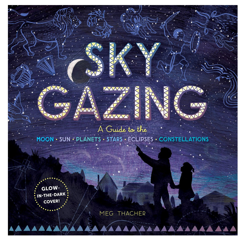 The hardcover book has two people in silhouette in a suburban setting gazing and pointing up to the constellations in the night sky. A glow-in-the-dark cover emblem is on the left coner.