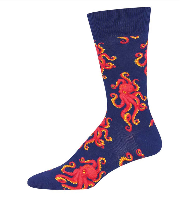 Blue sock with red octopuses placed in different spots.