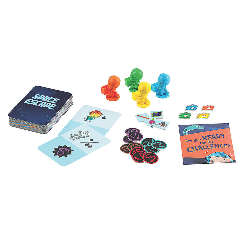 The game components for play. They include playing cards, four plastic mole rat movers, tokens, and a challenge game.