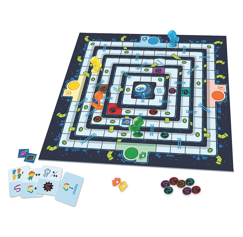 The game board set up for gameplay with all the game components, including play cards, four plastic mole rat movers, tokens, and a challenge game.