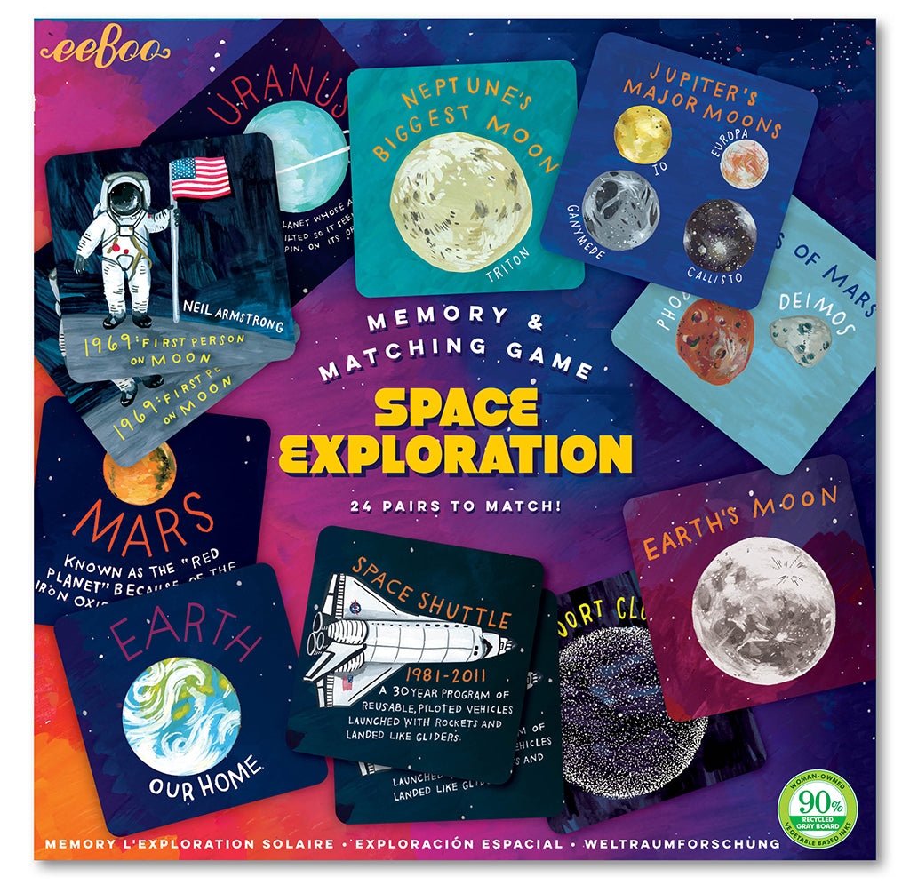 The product box is purple, pink, red, and yellow shades. Twelve cards with two matching sets have different illustrations about outer space. An astronaut is holding an American flag, the planet Uranus, Neptune's biggest moon, Jupiter's major moons, Mars, and a Space shuttle, to name a few.