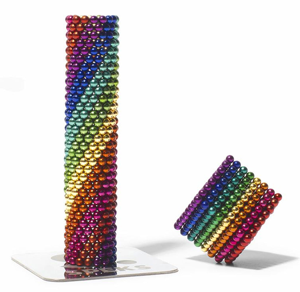 Rainbow-colored magnetic balls in a circular tube and cube shape.