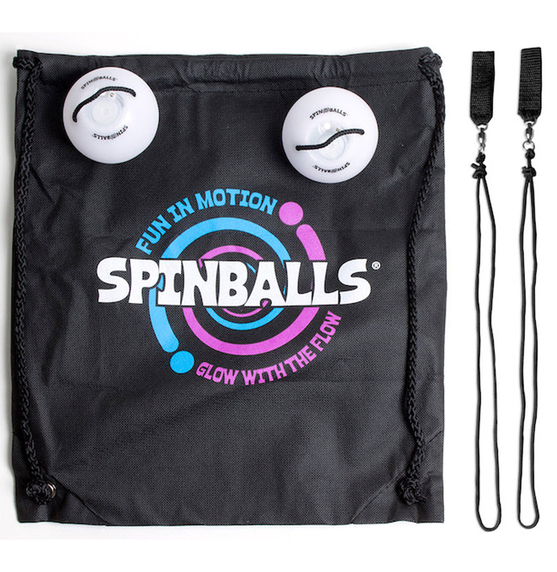 The black carrying case with the two white Spinballs and the two black cords for the balls.
