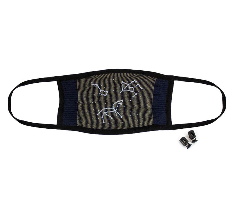 A navy blue mask with three constellations and stars in white thread.
