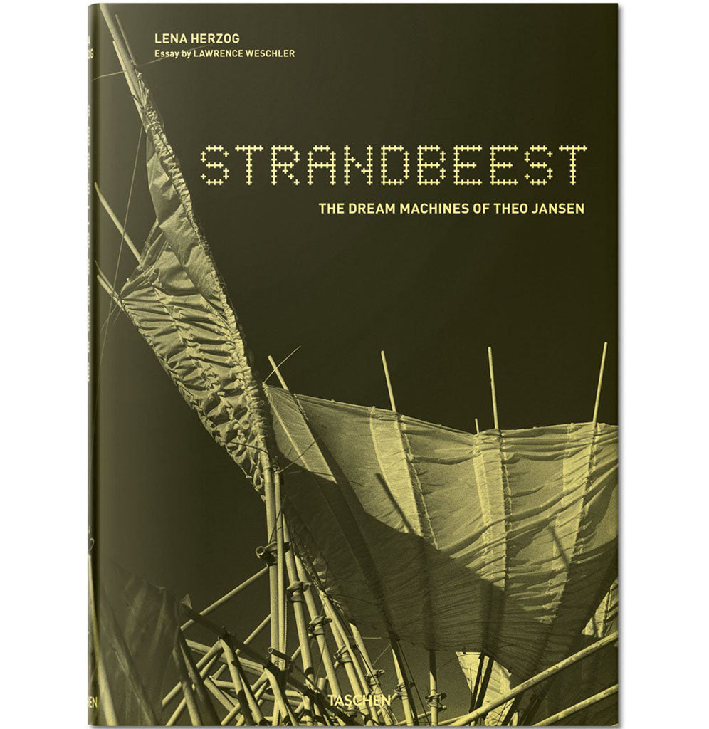 "Stranbeest" is a large-format hardcover book with a black and white image of one of Theo Jansen's Stranbeest creations; there is a yellow tint to the picture.