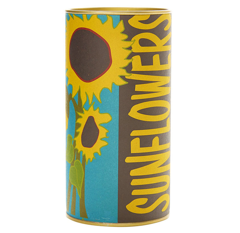 The canister packaging has two giant yellow sunflowers against a blue background.